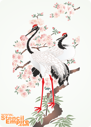 Kraanvogels en sakura - sjabloon voor decoratie