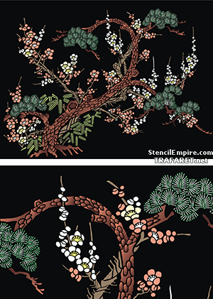 Pijnboom en sakura - sjabloon voor decoratie