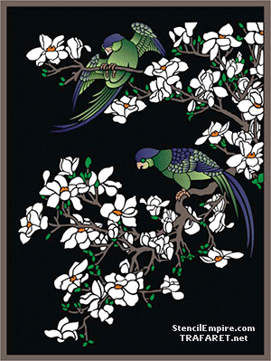 Papegaaien op magnolia - sjabloon voor decoratie